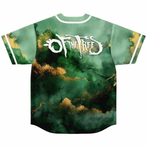 Of The Trees emerald watercolor baseball jersey, back view, gold splatter design, white piping