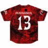 Red and black horror rave jersey back, HEADBANGER 13 lettering over dense monster print