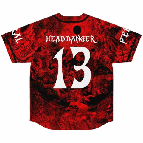Red and black horror rave jersey back, HEADBANGER 13 lettering over dense monster print