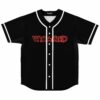 Black rave baseball jersey with thorny red distressed lettering spelling Unashamed on front