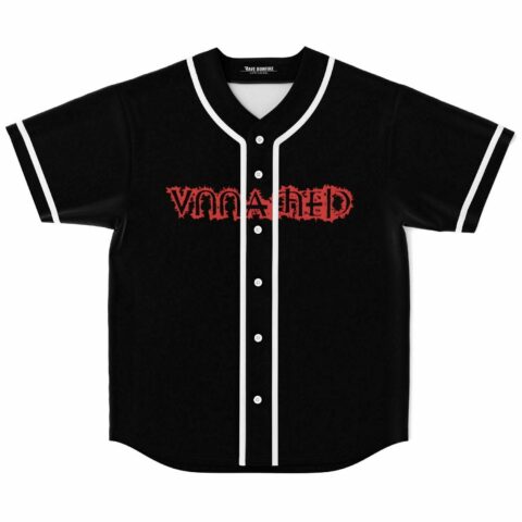 Black rave baseball jersey with thorny red distressed lettering spelling Unashamed on front