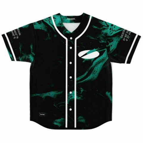 Black baseball jersey with green marbled swirl print and white button placket, front view