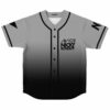 Grey to black ombre baseball jersey with festival-themed text logo on chest front view