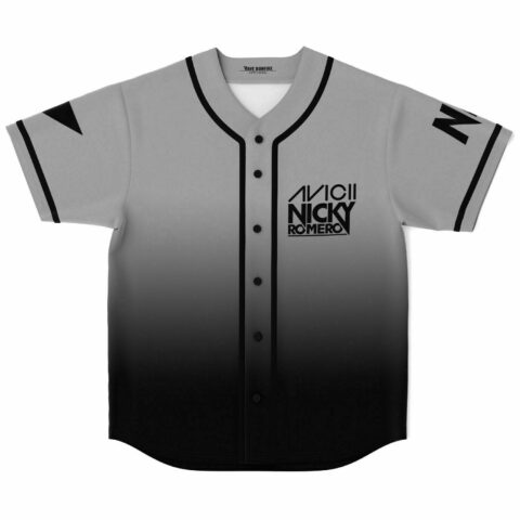 Grey to black ombre baseball jersey with festival-themed text logo on chest front view