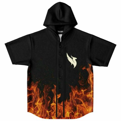 Black hooded baseball jersey with flaming phoenix wing logo and bottom flame print, front view