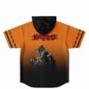 Back view of orange to black hooded jersey with red Kayzo lettering and thorn-covered monster
