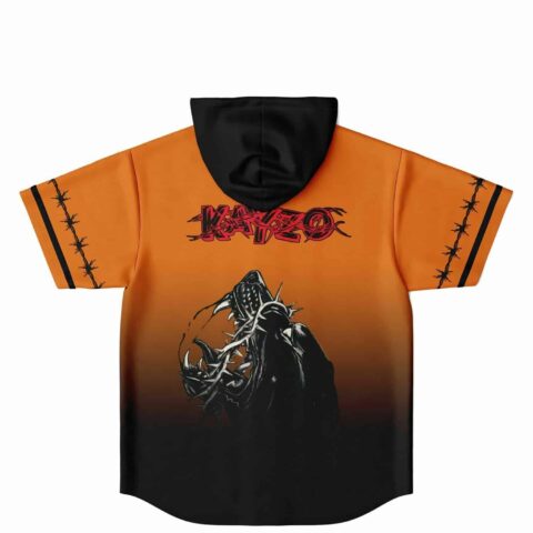 Back view of orange to black hooded jersey with red Kayzo lettering and thorn-covered monster