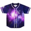 Purple cosmic galaxy rave baseball jersey with nebula print and white button front