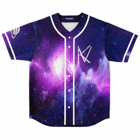 Purple cosmic galaxy rave baseball jersey with nebula print and white button front