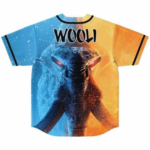 Back view of jersey showing WOOLI text over split ice and fire mammoth silhouette design