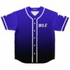Purple to black ombre baseball jersey, front view, white button placket, DLC logo