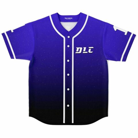 Purple to black ombre baseball jersey, front view, white button placket, DLC logo