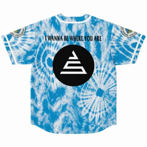 Sky blue tie dye jersey back view with I wanna be where you are text