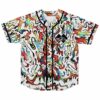White rave baseball jersey with abstract drippy swirl print and black button placket, front view