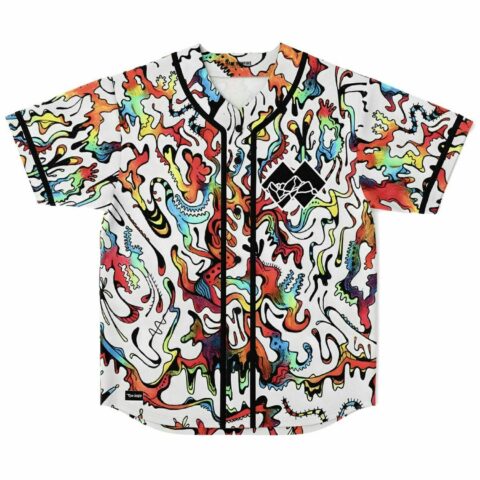 White rave baseball jersey with abstract drippy swirl print and black button placket, front view