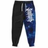 Half black half starry galaxy print rave joggers with jagged white logo text, front view