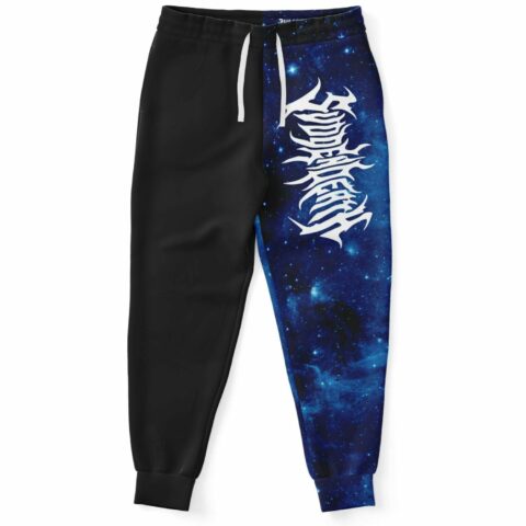 Half black half starry galaxy print rave joggers with jagged white logo text, front view