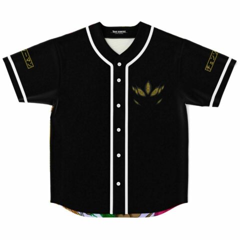 Black anime rave baseball jersey with spiral-eyed monster chest logo front view
