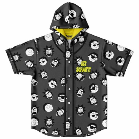 Hooded baseball jersey with cartoon face pattern and Get Schwifty text on chest, front view