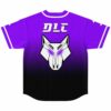 back view of purple ombre jersey with geometric wolf head graphic and DLC text