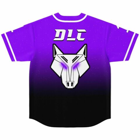 back view of purple ombre jersey with geometric wolf head graphic and DLC text
