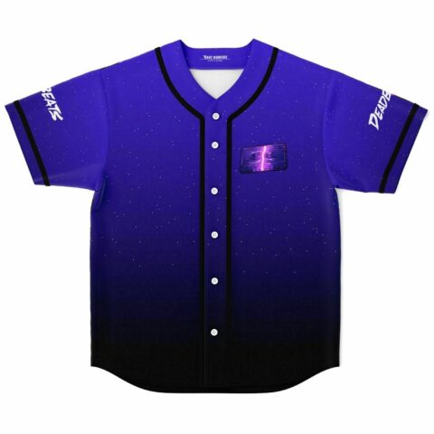 Purple starry gradient baseball jersey, lightning-struck cassette tape patch, Deadbeats sleeve text, front view