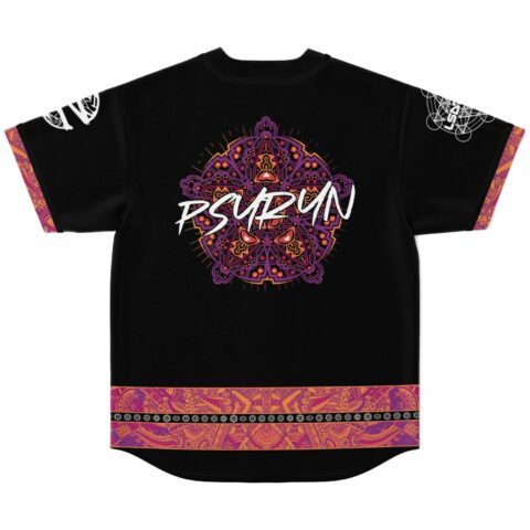 Black rave baseball jersey back view with purple orange psychedelic mandala and Psyryn script