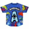 Back view of blue jersey with clawed monster hands and Audiffred text above eyeball logo
