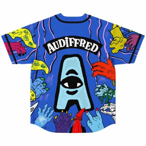 Back view of blue jersey with clawed monster hands and Audiffred text above eyeball logo