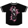 Back view of black rave jersey showing pink flame burst behind stacked emblem icons