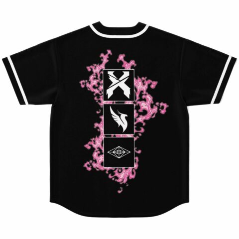 Back view of black rave jersey showing pink flame burst behind stacked emblem icons