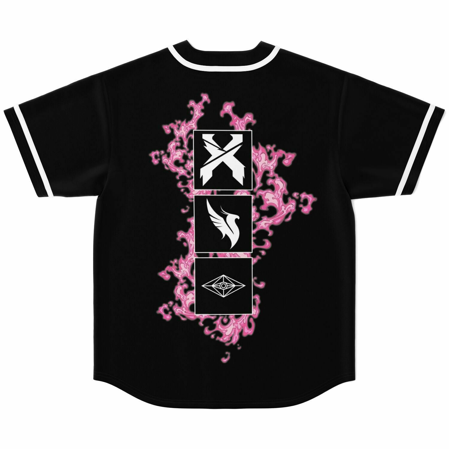 A black Hunter N custom Baseball Jersey with pink flames on it.