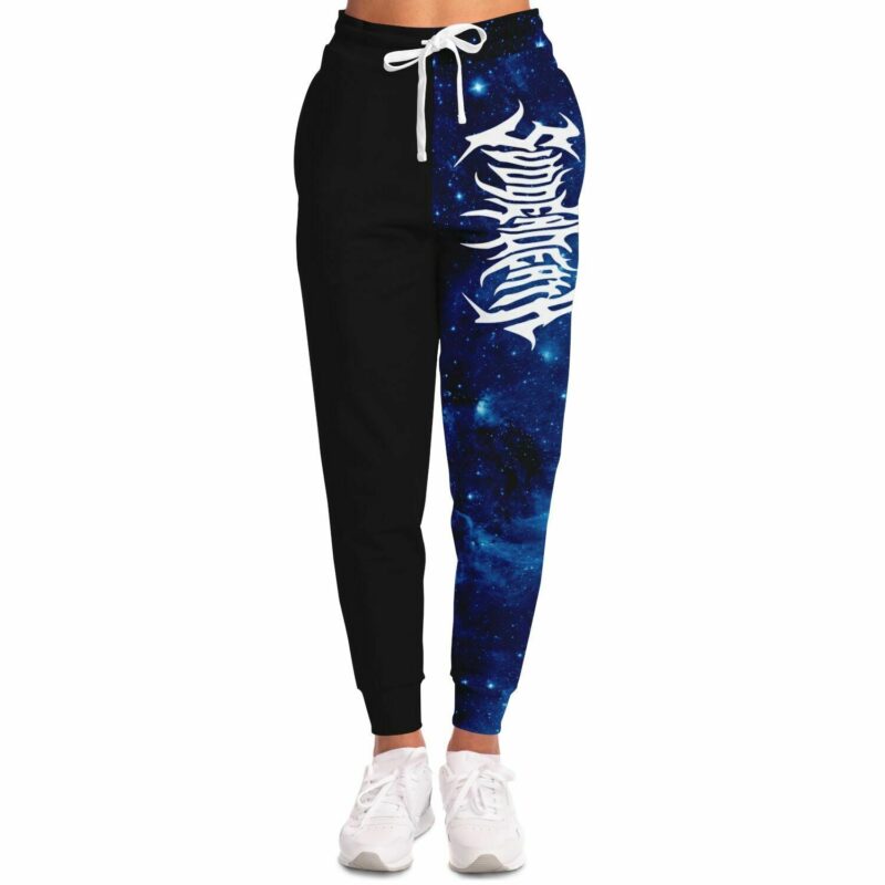 A woman wearing black and blue Chase R custom Joggers with a galaxy design on them.