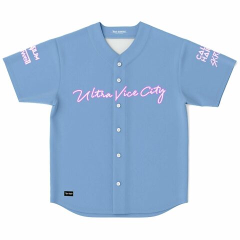 Light sky blue rave baseball jersey with Ultra Vice City script front view