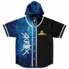 Blue starry galaxy hooded baseball jersey, black split panel, bass-inspired logos, flat front view