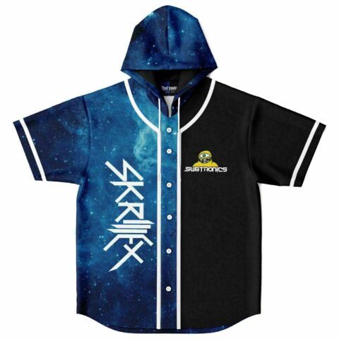 Blue starry galaxy hooded baseball jersey, black split panel, bass-inspired logos, flat front view