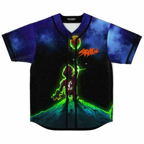 Front view of cosmic scene rave baseball jersey with glowing figure on neon green mountain