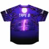 Back view, Tape B print, lightning bolt splitting cassette under full moon with branch silhouettes