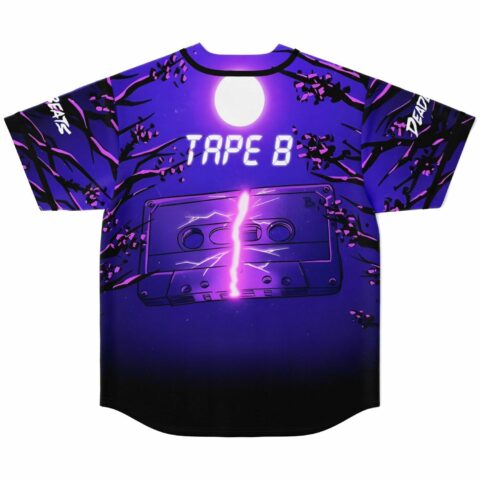 Back view, Tape B print, lightning bolt splitting cassette under full moon with branch silhouettes