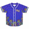 Purple warped checkerboard jersey front with BW logo and neon psychedelic mushroom hem design