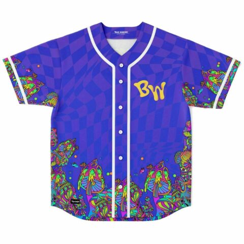 Purple warped checkerboard jersey front with BW logo and neon psychedelic mushroom hem design