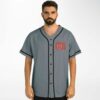 Man wearing grey rave baseball jersey with red King cross logo on chest front view