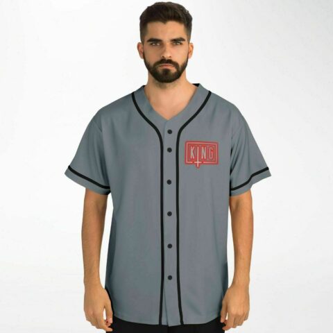 Man wearing grey rave baseball jersey with red King cross logo on chest front view