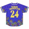 Purple warped checkerboard rave baseball jersey back with psychedelic mushroom print, Beyond Wonderland 24 text