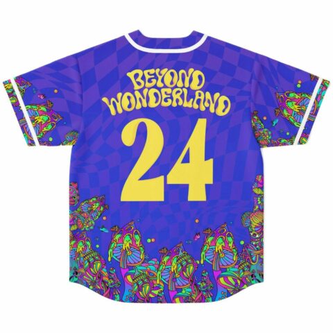 Purple warped checkerboard rave baseball jersey back with psychedelic mushroom print, Beyond Wonderland 24 text