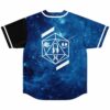 Blue galaxy rave jersey back view with geometric icosahedron design and black contrast sleeve