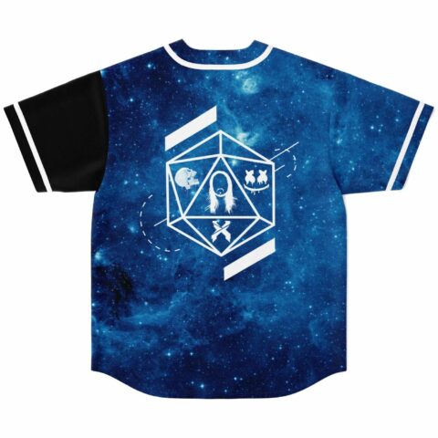 Blue galaxy rave jersey back view with geometric icosahedron design and black contrast sleeve