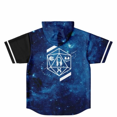 Galaxy print hooded jersey back with geometric dice emblem featuring skull and face icons