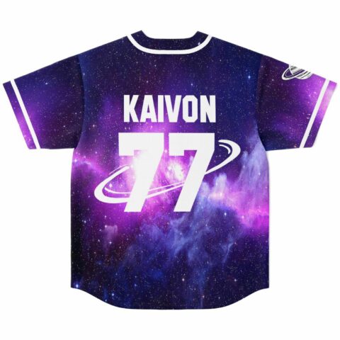 Back view of galaxy jersey with KAIVON 77 text and ringed planet logo on sleeve