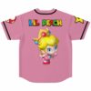 Pink baseball jersey back view with baby princess graphic and Lil Peach lettering below collar